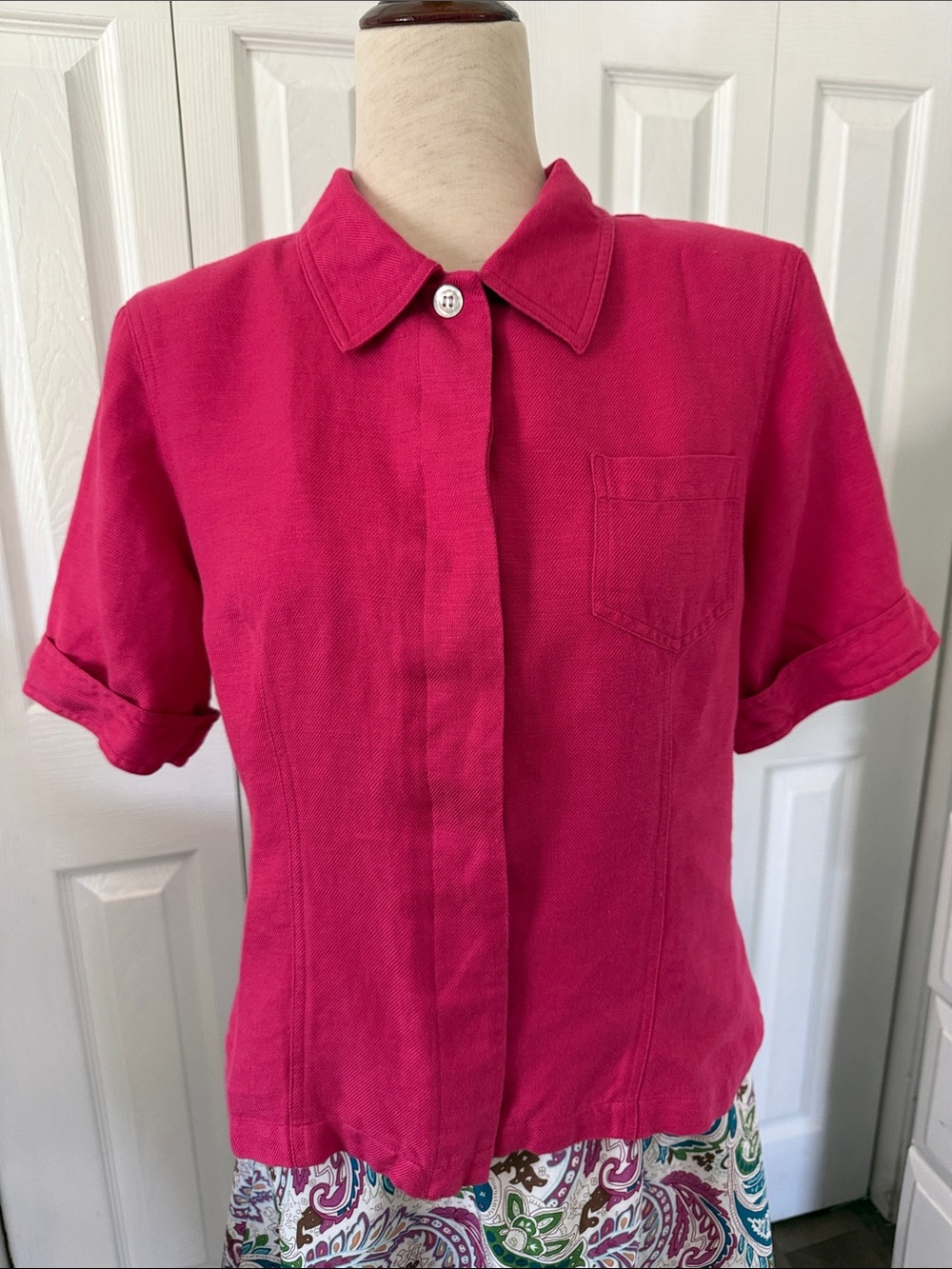 Vintage Emma James Linen Hot Pink Short-Sleeve Button Down Shirt Sz 10